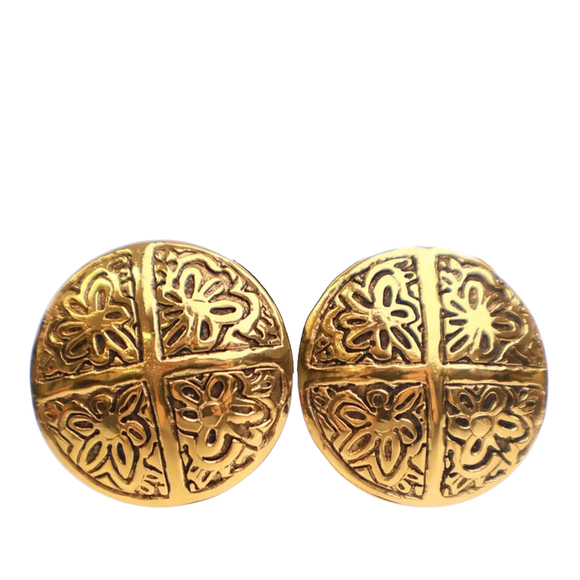 Pre-Loved Chanel Gold Plated Camellia Cross Dome Clip On Earrings - Picture 1 of 6